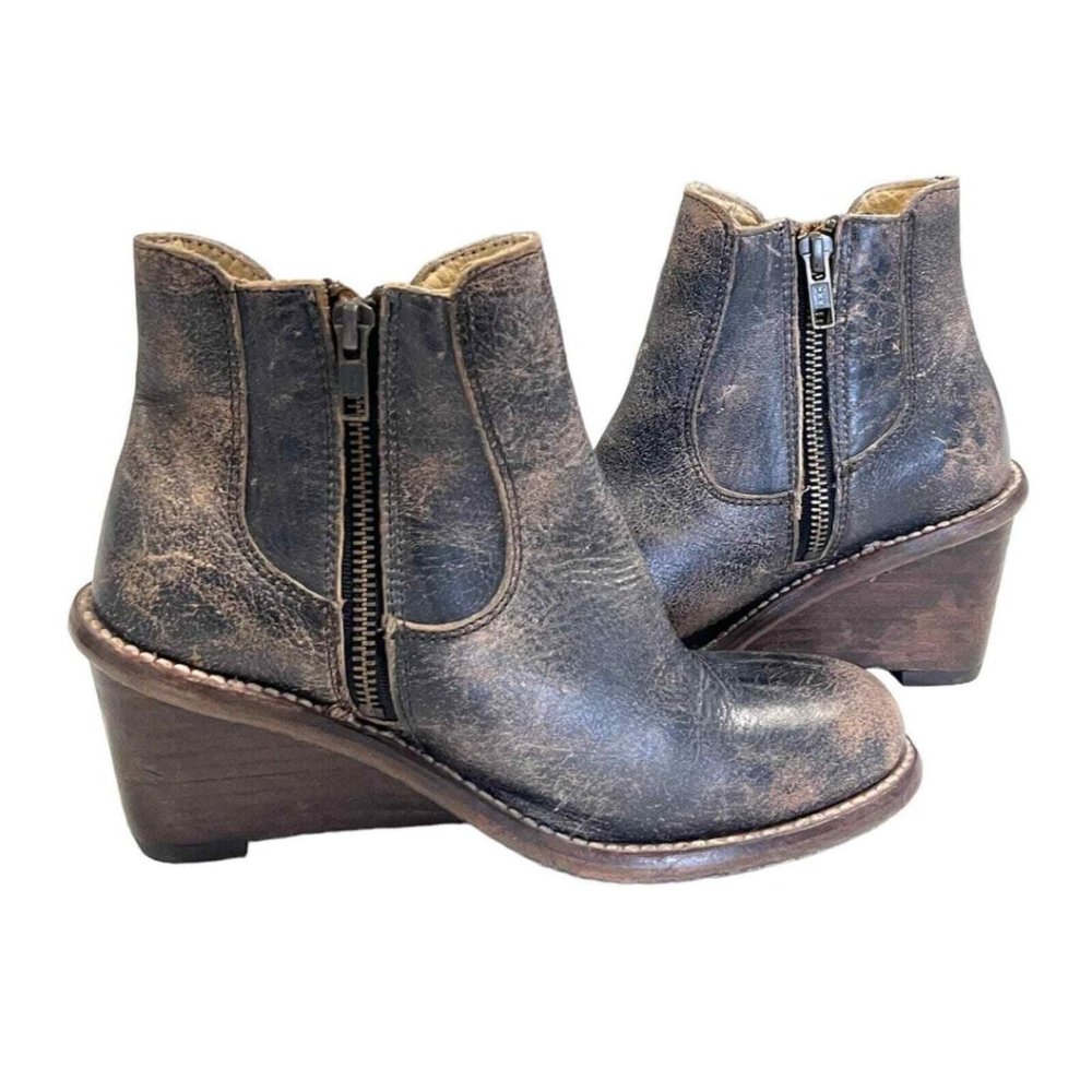 Bed Stu Dark Brown Distressed Leather Wedge Ankle Boots - Picture 2 of 9